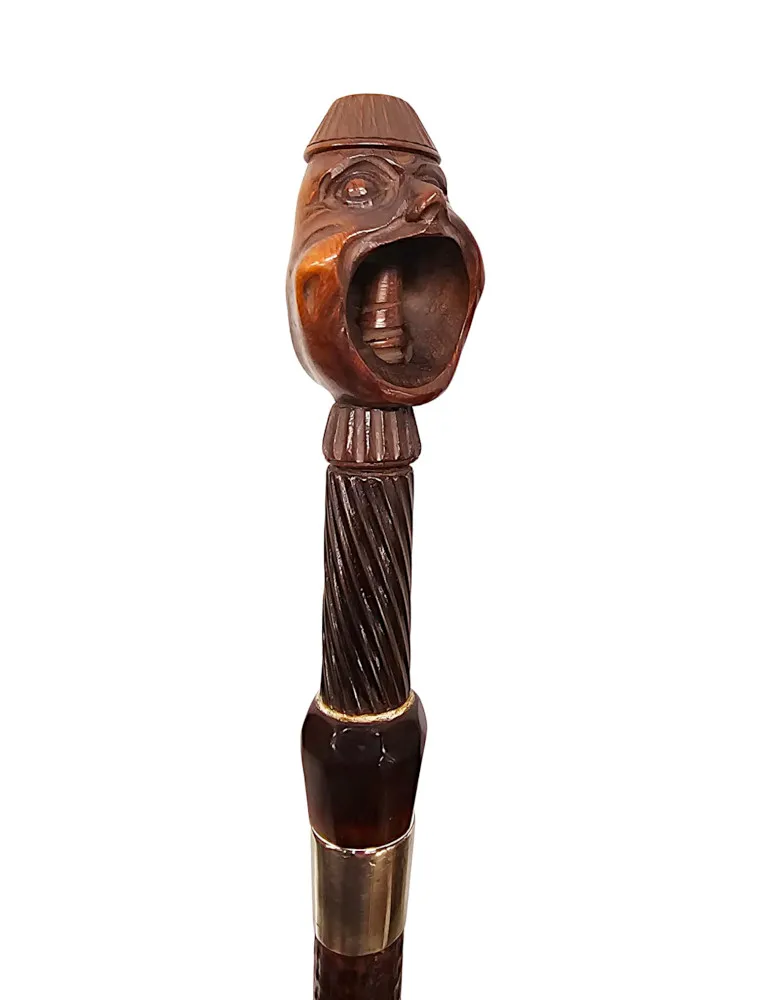 A Very Rare 19th Century Gadget Nut Cracker Walking Cane with a Pair of Carved Heads