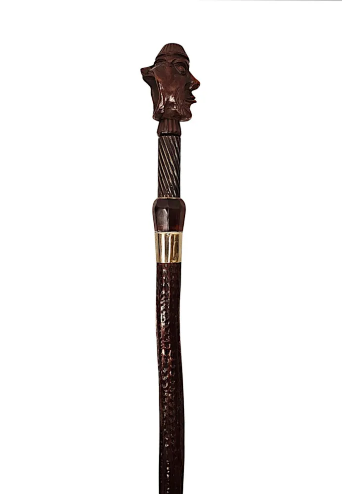 A Very Rare 19th Century Gadget Nut Cracker Walking Cane with a Pair of Carved Heads