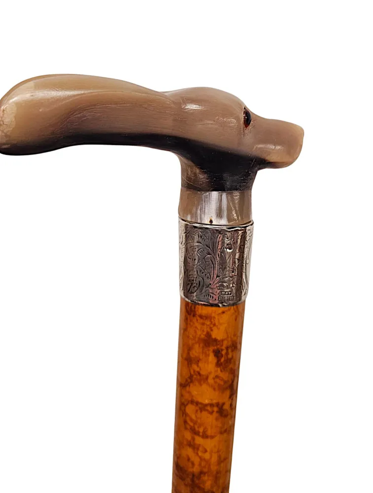 A Very Rare 19th Century Gadget Walking Stick With A Rabbit Handle and Hidden Corkscrew