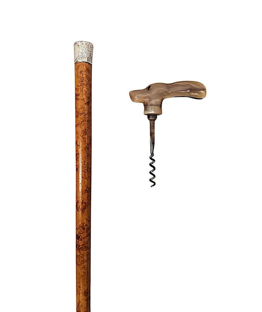 A Very Rare 19th Century Gadget Walking Stick With A Rabbit Handle and Hidden Corkscrew