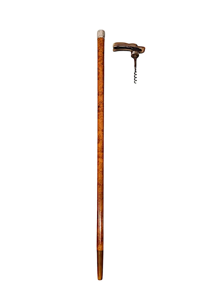 A Very Rare 19th Century Gadget Walking Stick With A Rabbit Handle and Hidden Corkscrew