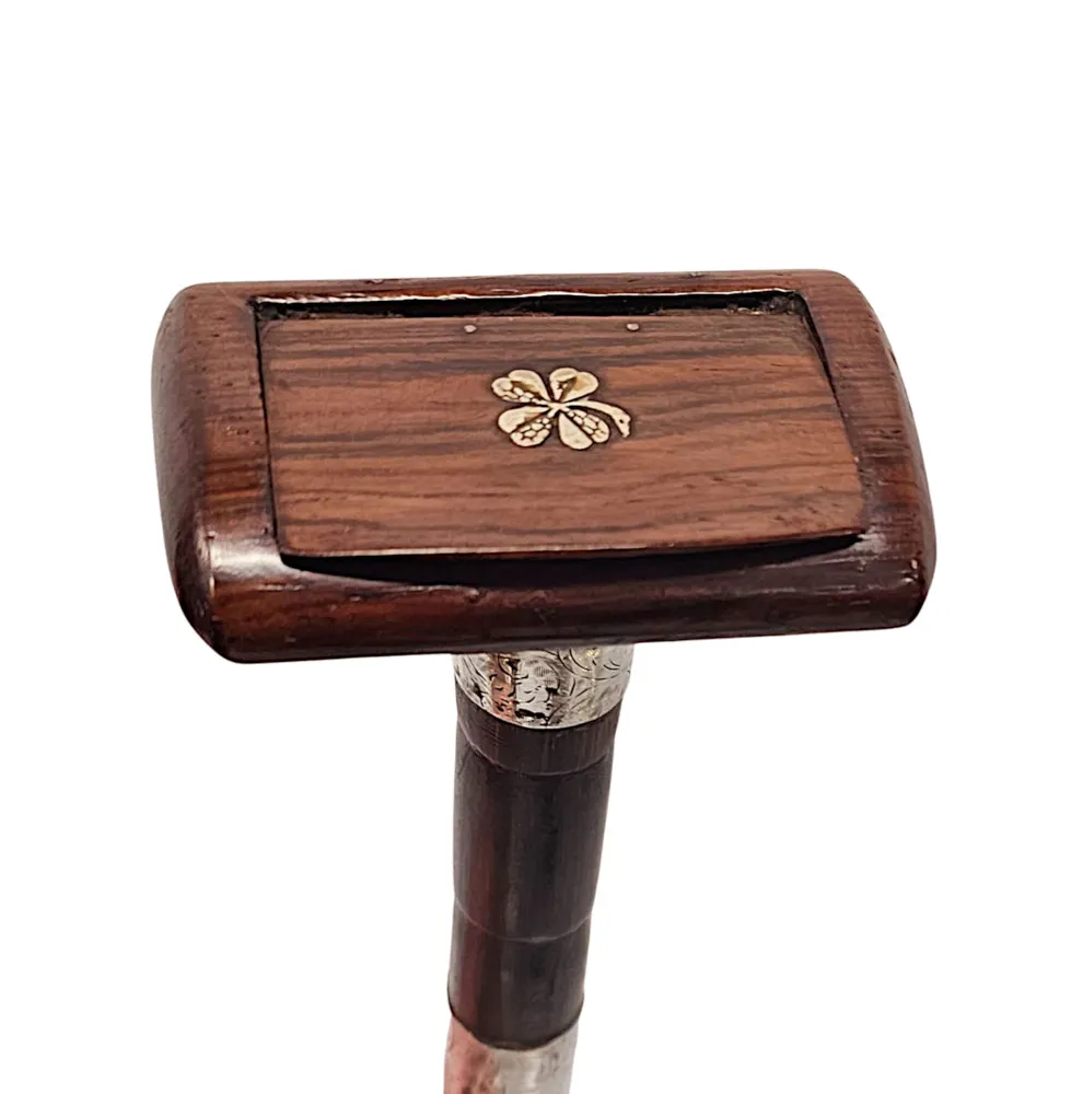 A Fabulous 19th Century Silver Mounted Gadget Walking Cane With Snuff Box Handle and Four Leaf Clover Motif