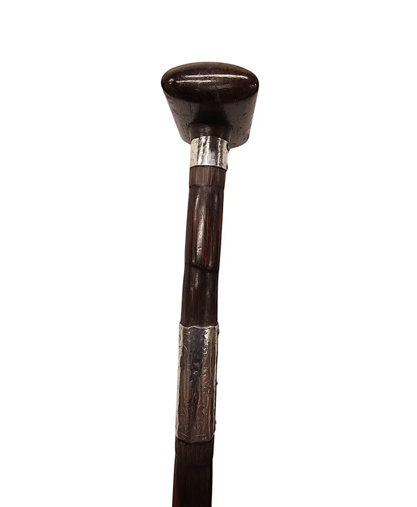 A Fabulous 19th Century Silver Mounted Gadget Walking Cane With Snuff Box Handle and Four Leaf Clover Motif