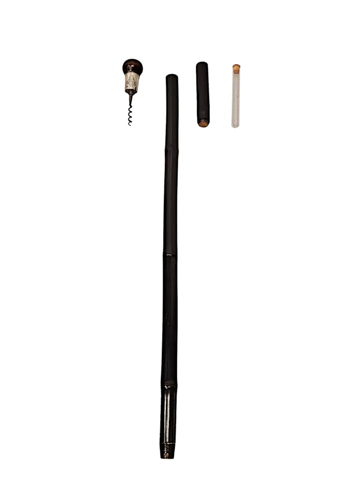 A Very Rare 19th Century Gadget Walking Cane with Cork Screw Handle with Built In Compass and Drinking Tube