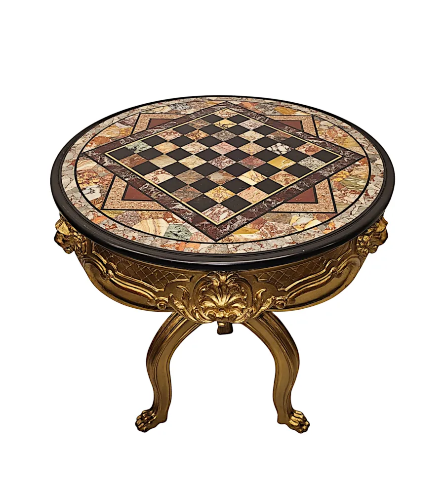 A very Rare and Impressive 19th Century Grand Tour Specimen Marble Chess Board Top on Giltwood Base with Lion Head and Paw Detailing