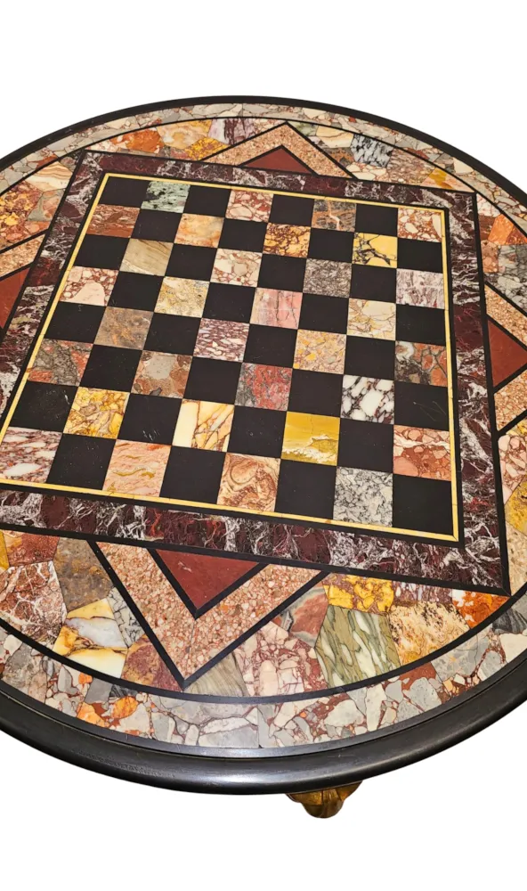 A very Rare and Impressive 19th Century Grand Tour Specimen Marble Chess Board Top on Giltwood Base with Lion Head and Paw Detailing