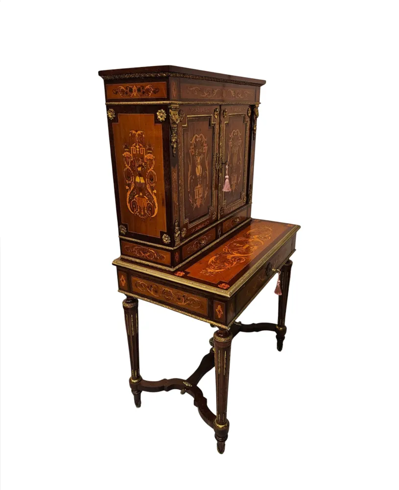 A Very Rare 19th Century French Marquetry Inlaid Bonheur Du Jour Ladies Desk with Ormolu Mounts