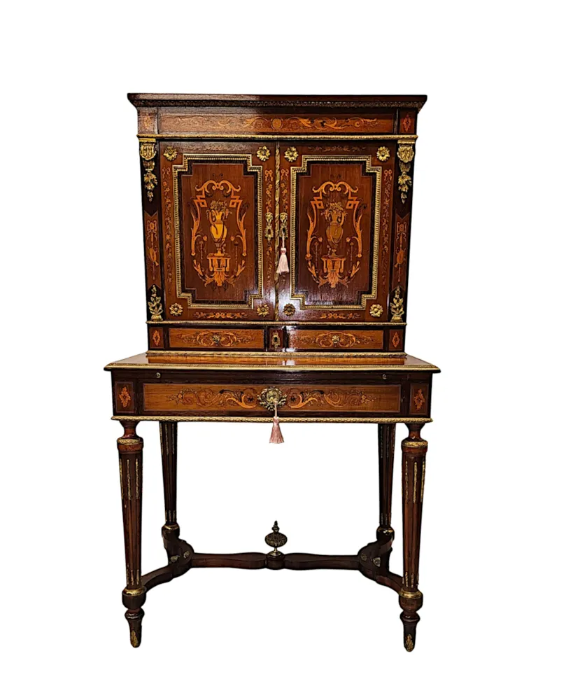 A Very Rare 19th Century French Marquetry Inlaid Bonheur Du Jour Ladies Desk with Ormolu Mounts