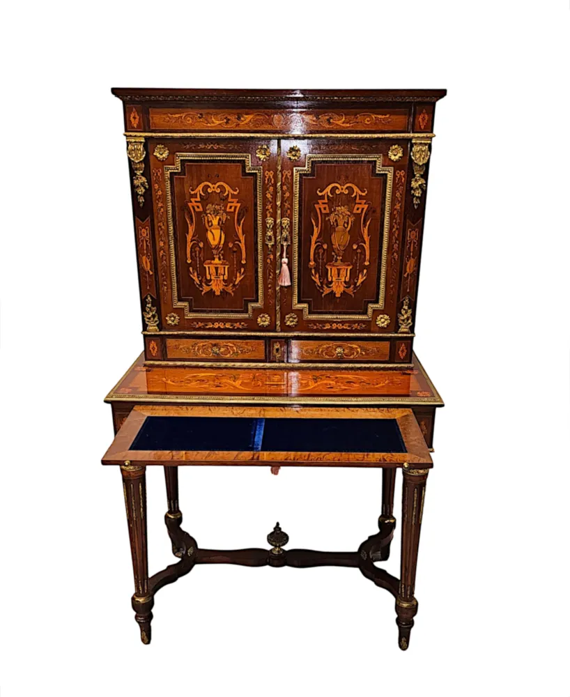 A Very Rare 19th Century French Marquetry Inlaid Bonheur Du Jour Ladies Desk with Ormolu Mounts