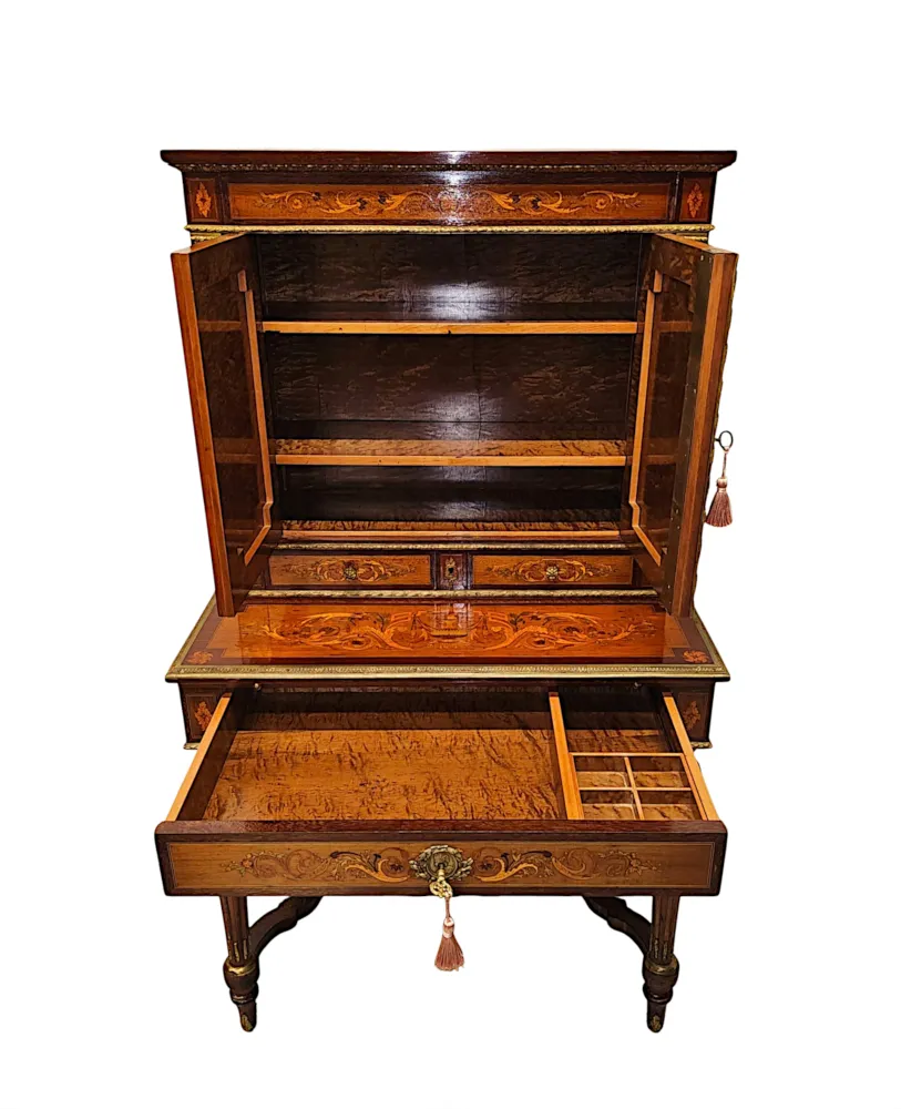 A Very Rare 19th Century French Marquetry Inlaid Bonheur Du Jour Ladies Desk with Ormolu Mounts