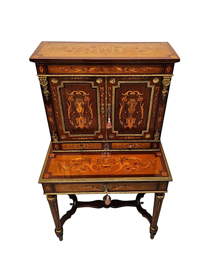 A Very Rare 19th Century French Marquetry Inlaid Bonheur Du Jour Ladies Desk with Ormolu Mounts