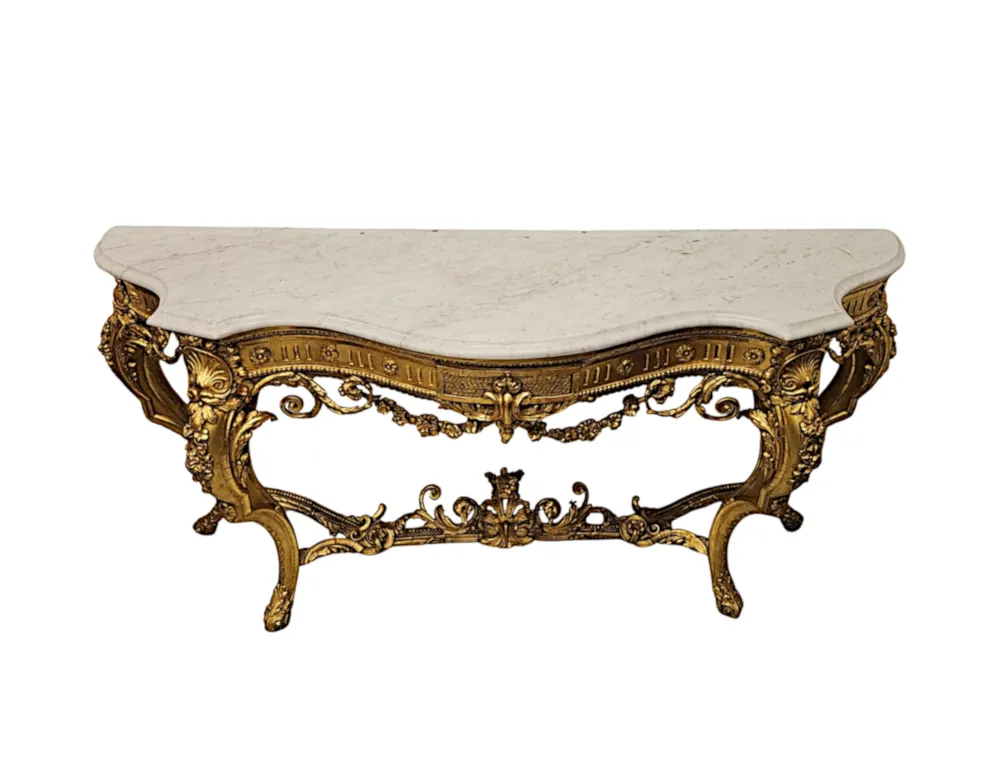 A Very Rare Late 18th Century Large Marble Top Giltwood Console Table