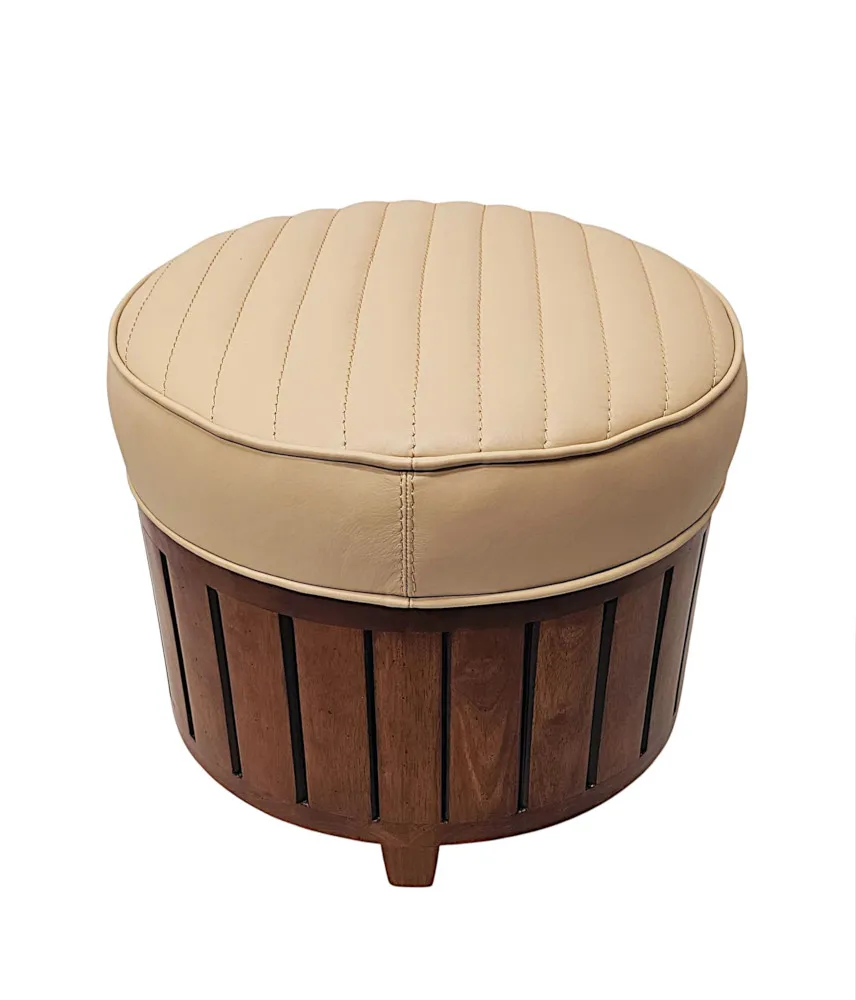 A Stunning Art Deco Style Cream Leather and Walnut Stool