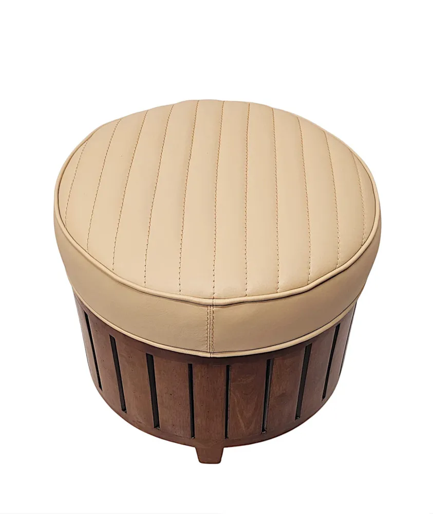 A Stunning Art Deco Style Cream Leather and Walnut Stool