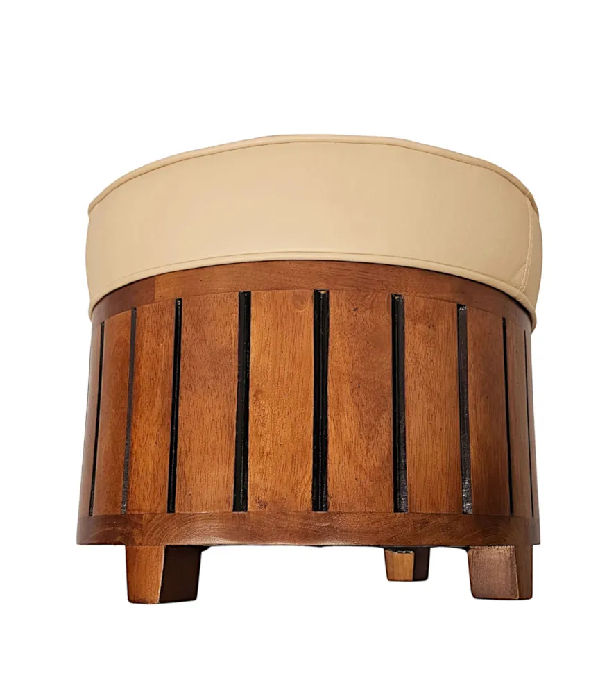 A Stunning Art Deco Style Cream Leather and Walnut Stool