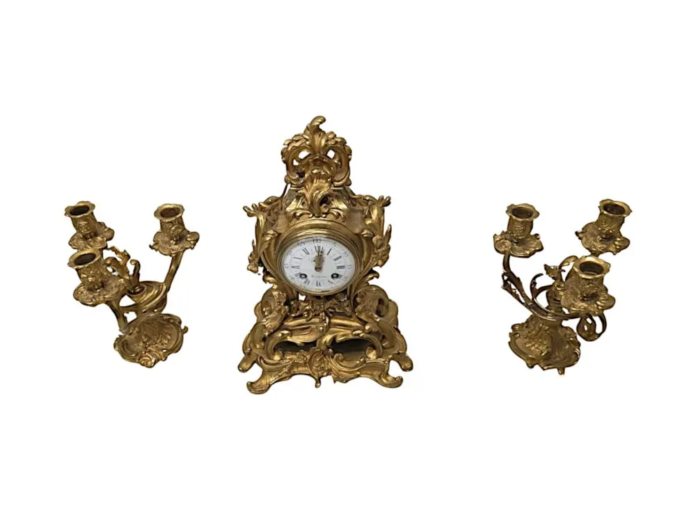  A Fabulous 19th Century Gilt Bronze French Clock Garniture Set