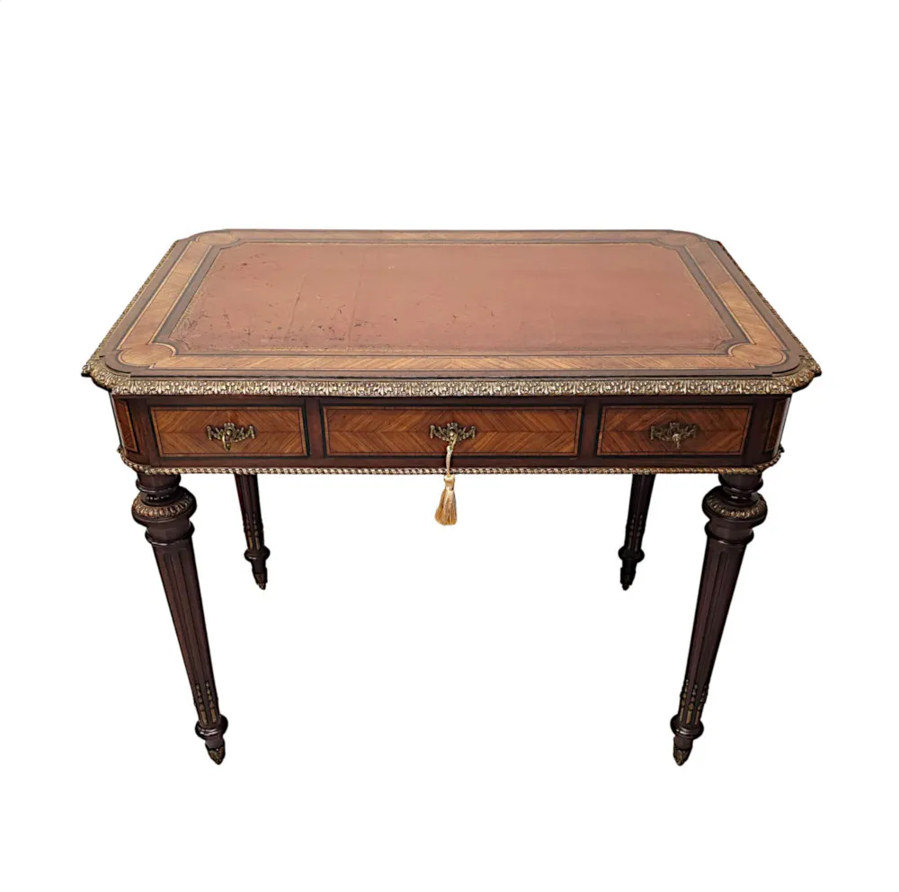  A Very Rare Neat Size 19th Century Leather Top Writing Desk with Ormolu Mounts 