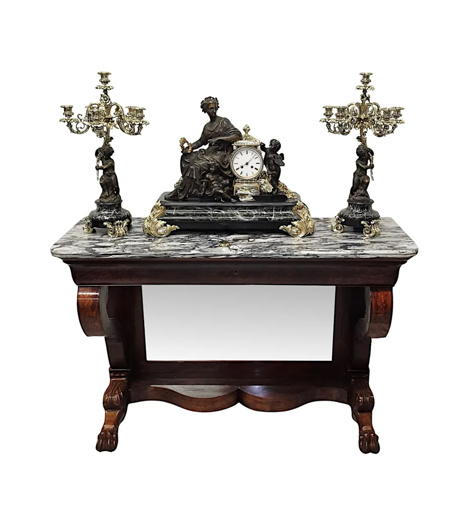 A Very Rare and Fine 19th Century French Marble and Bronze Garniture Clock Set 