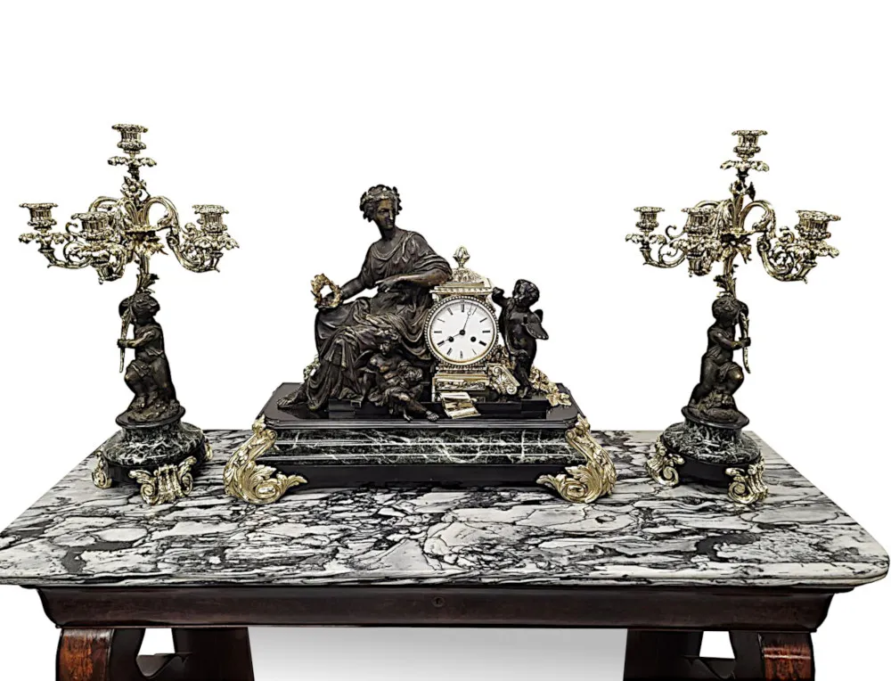 A Very Rare and Fine 19th Century French Marble and Bronze Garniture Clock Set 