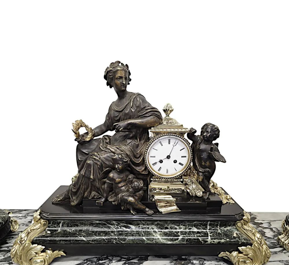 A Very Rare and Fine 19th Century French Marble and Bronze Garniture Clock Set 