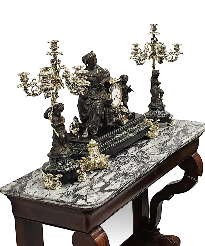 A Very Rare and Fine 19th Century French Marble and Bronze Garniture Clock Set 