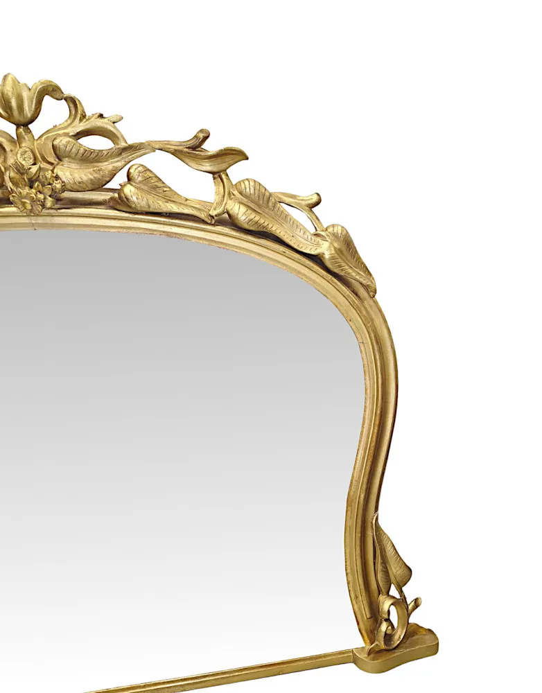 A Very Fine 19th Century Neat Size Giltwood Overmantel Mirror with Leaf and Branch Detail