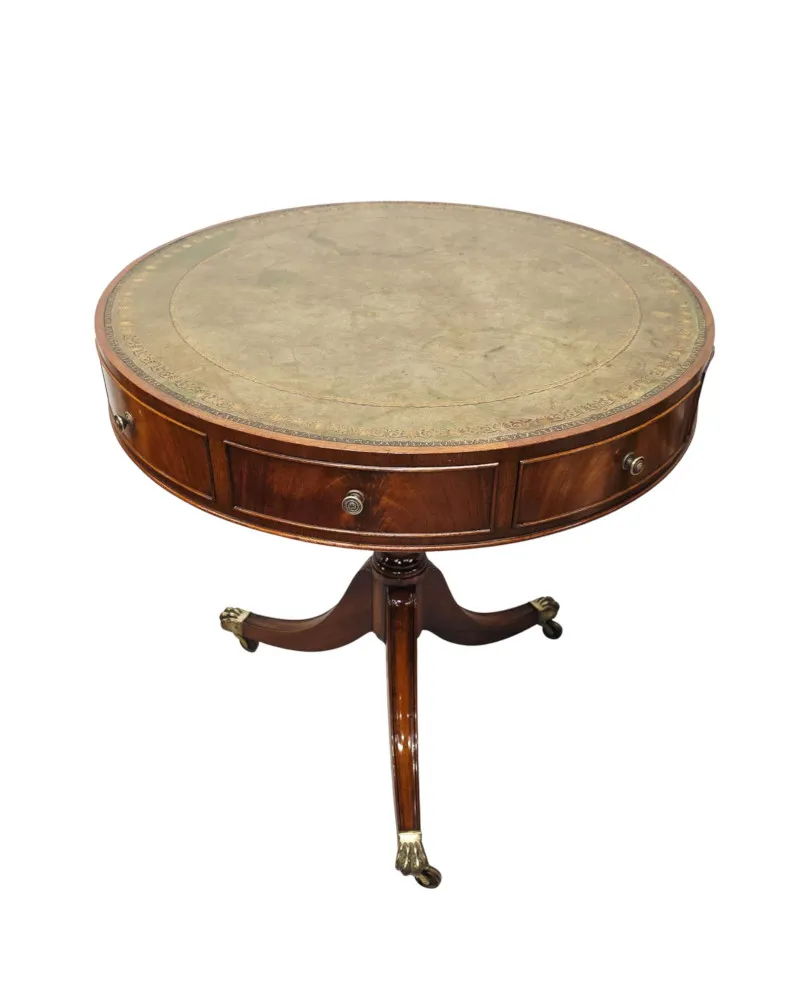 A Stunning Early 20th Century Leather Top Revolving Drum Table