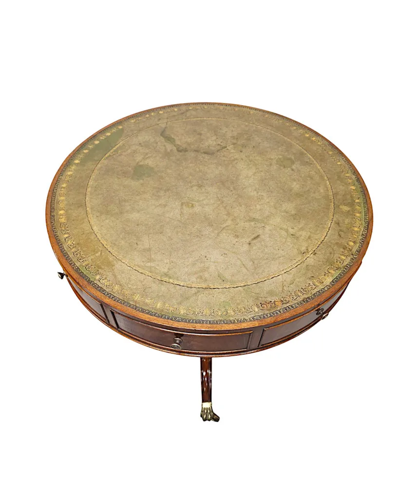 A Stunning Early 20th Century Leather Top Revolving Drum Table