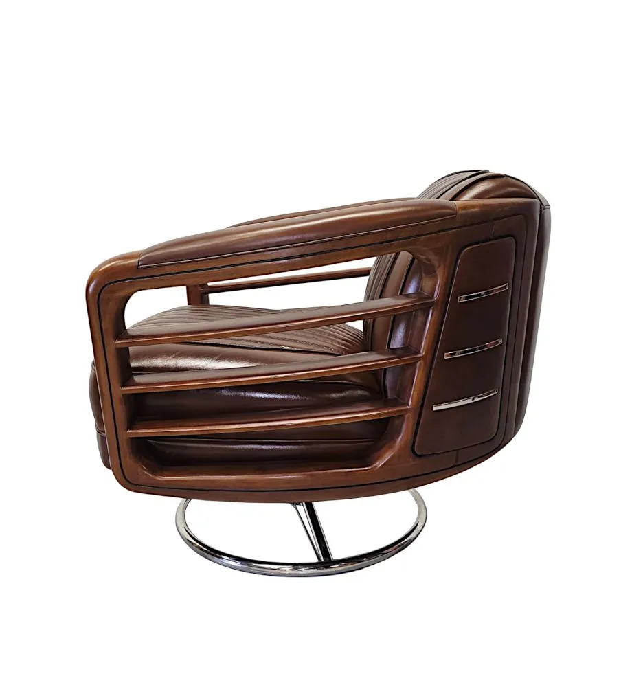 A Fabulous Handmade Walnut and Chrome Revolving Leather Armchair