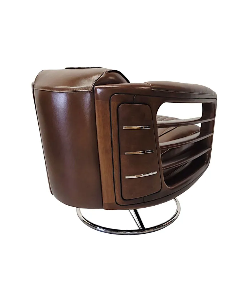 A Fabulous Handmade Walnut and Chrome Revolving Leather Armchair
