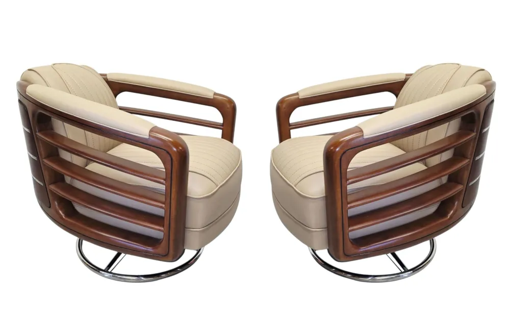  A Stunning Handmade Leather Walnut and Chrome Revolving Armchair