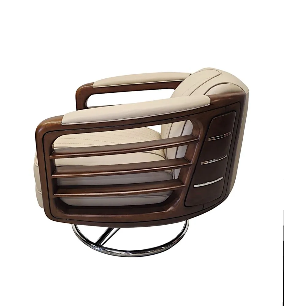  A Stunning Handmade Leather Walnut and Chrome Revolving Armchair
