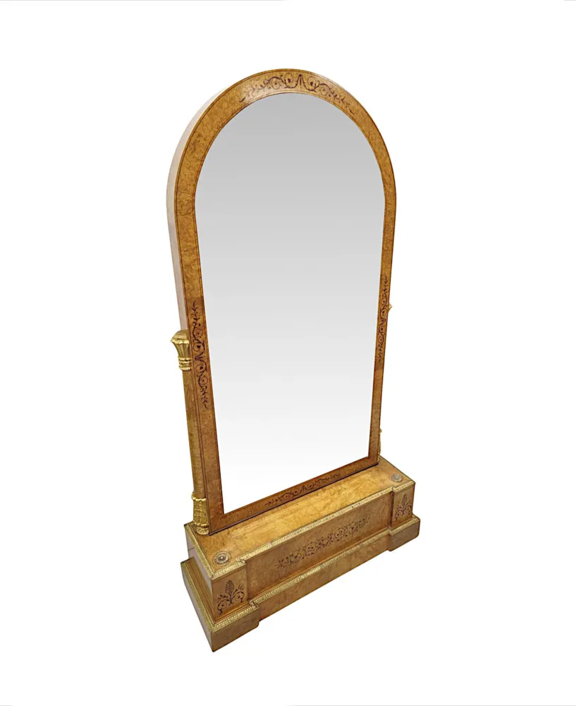 A Very Fine and Unusual Early 20th Century Inlaid Birdseye Maple Cheval Mirror With Ormolu Mounts