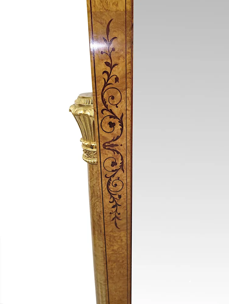 A Very Fine and Unusual Early 20th Century Inlaid Birdseye Maple Cheval Mirror With Ormolu Mounts