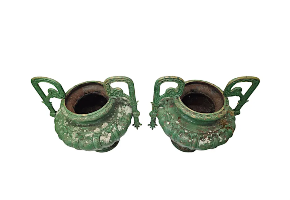 A Very Rare Pair of 19th Century Heavy Cast Iron Garden Urns