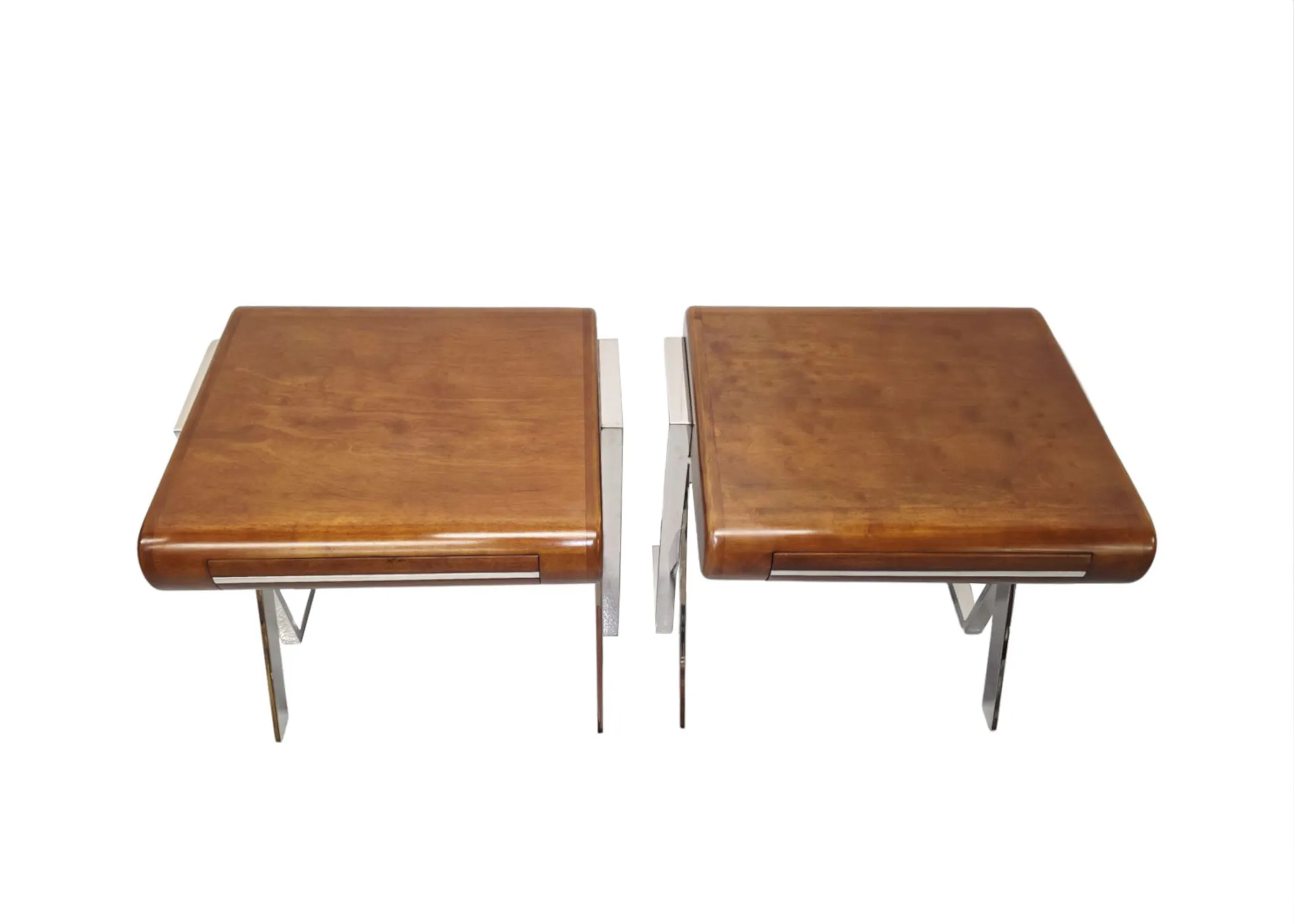 A Stunning Pair of Contemporary Hand Made Mid Century Design Walnut and Chrome Bedside or Side Tables