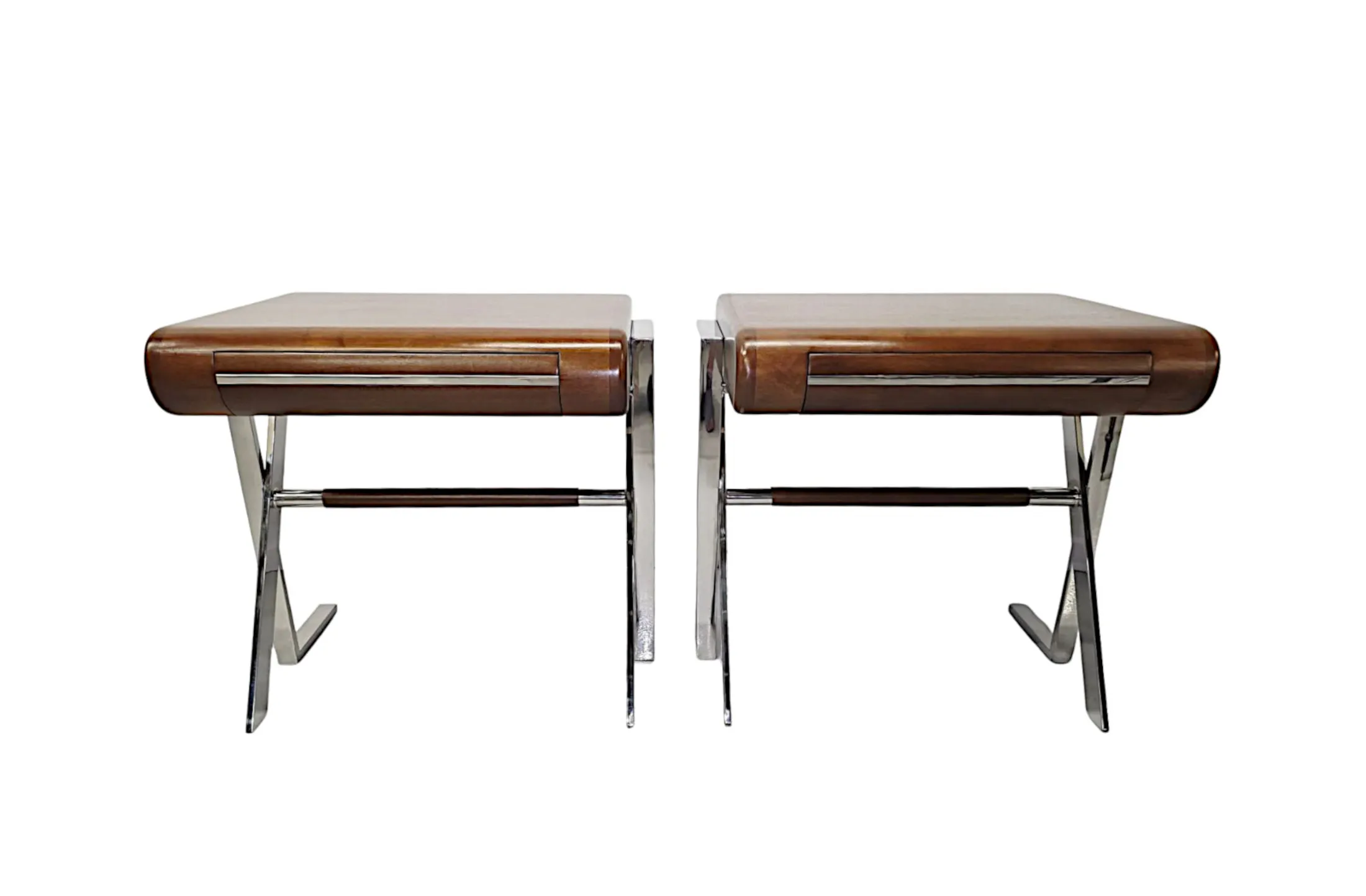 A Stunning Pair of Contemporary Hand Made Mid Century Design Walnut and Chrome Bedside or Side Tables