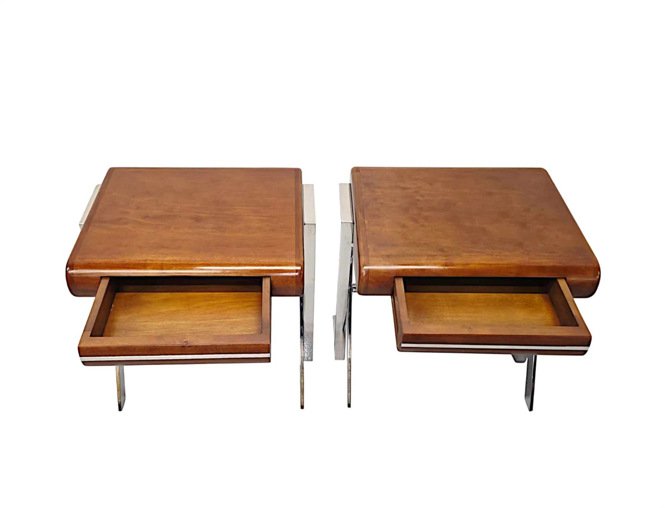 A Stunning Pair of Contemporary Hand Made Mid Century Design Walnut and Chrome Bedside or Side Tables