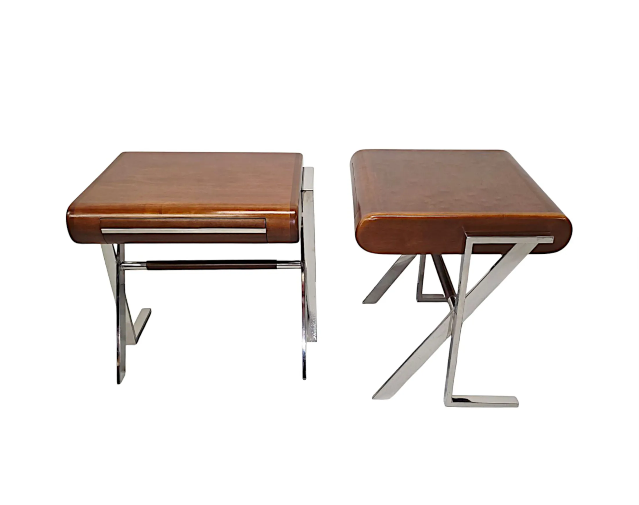 A Stunning Pair of Contemporary Hand Made Mid Century Design Walnut and Chrome Bedside or Side Tables