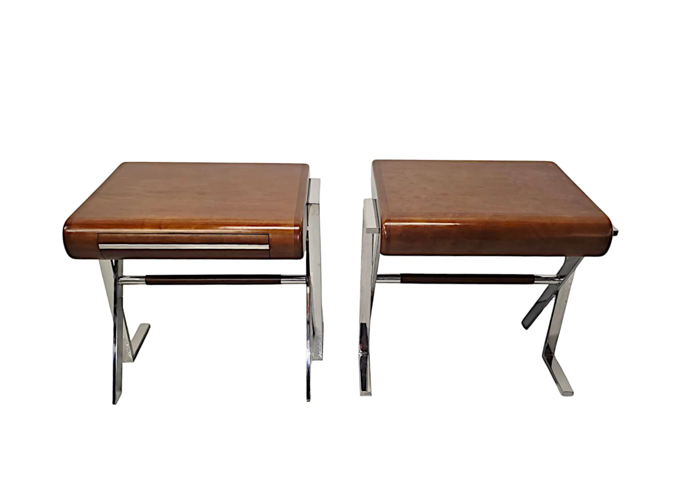 A Stunning Pair of Contemporary Hand Made Mid Century Design Walnut and Chrome Bedside or Side Tables