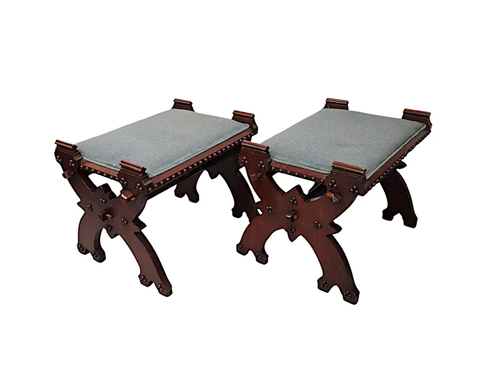 A Lovely Unusual Pair of 19th Century Gothic Oak X Framed Stools