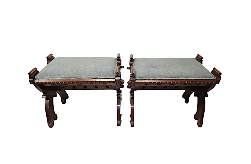 A Lovely Unusual Pair of 19th Century Gothic Oak X Framed Stools