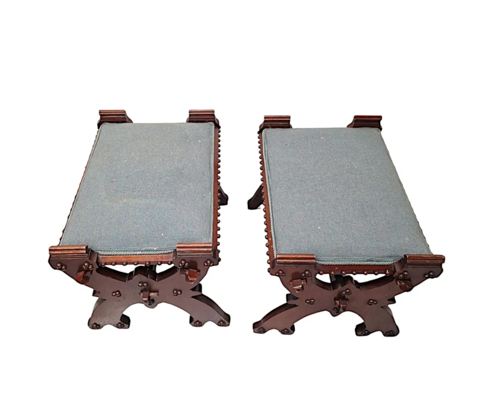 A Lovely Unusual Pair of 19th Century Gothic Oak X Framed Stools