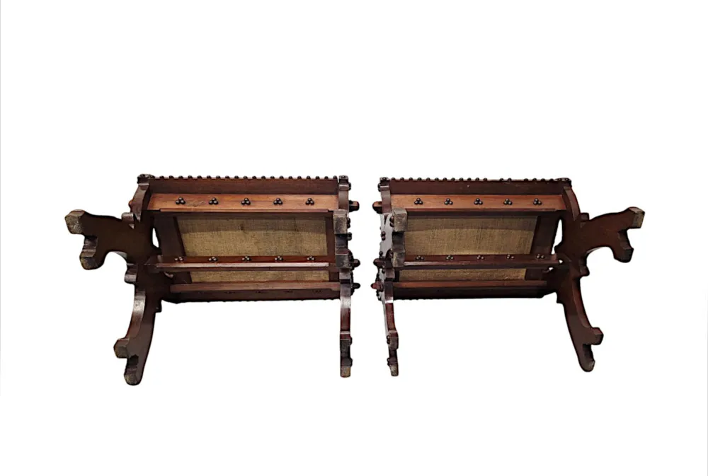 A Lovely Unusual Pair of 19th Century Gothic Oak X Framed Stools