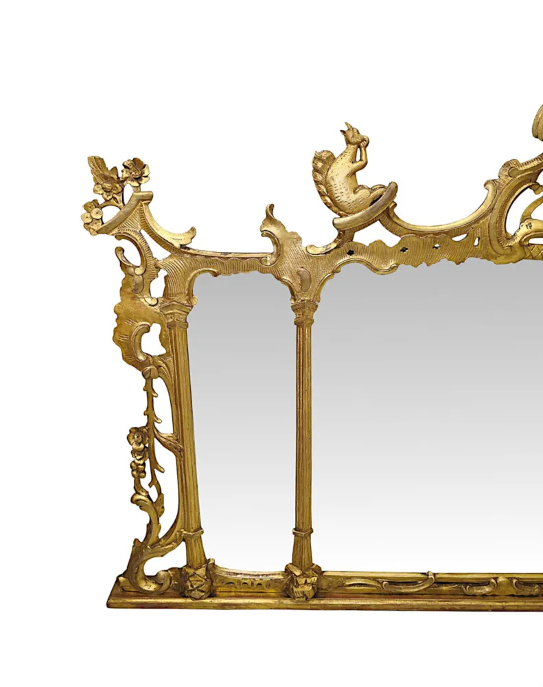  A Very Rare 19th Century Irish Tryptic Giltwood Overmantel Mirror with Ho Ho Bird and Squirrel Detail