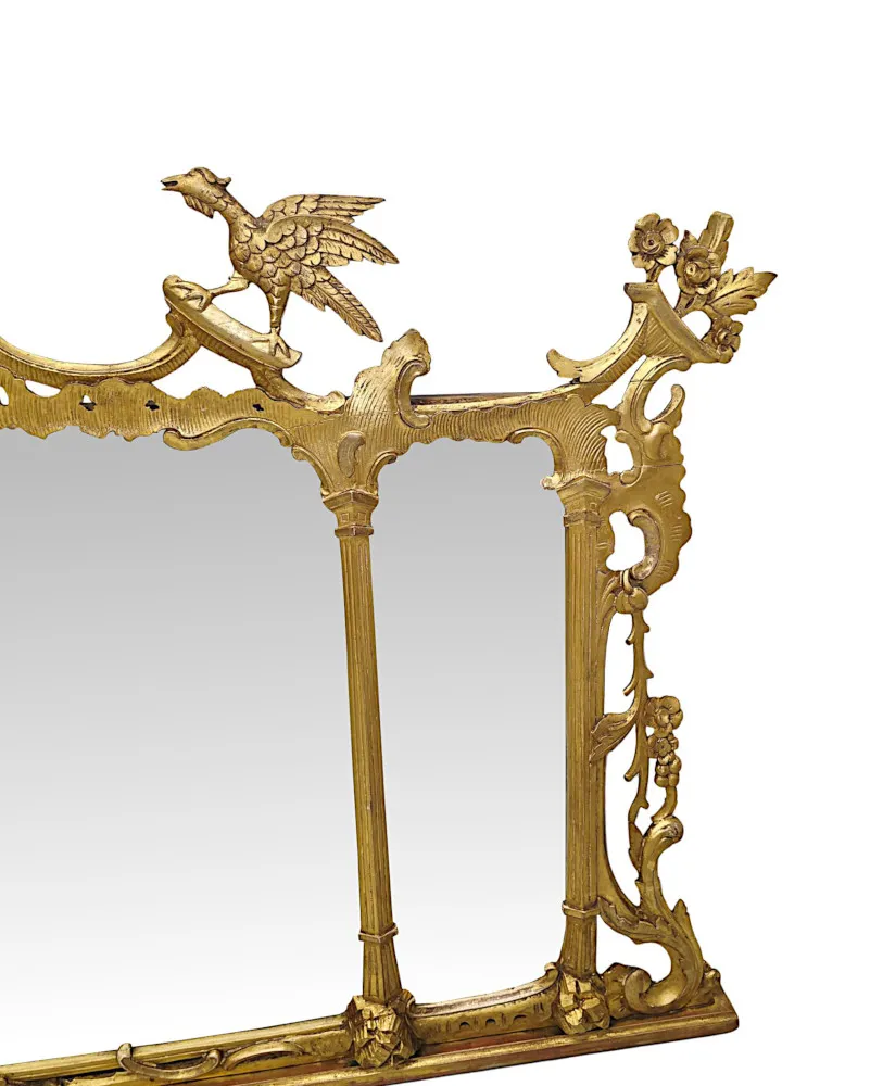  A Very Rare 19th Century Irish Tryptic Giltwood Overmantel Mirror with Ho Ho Bird and Squirrel Detail