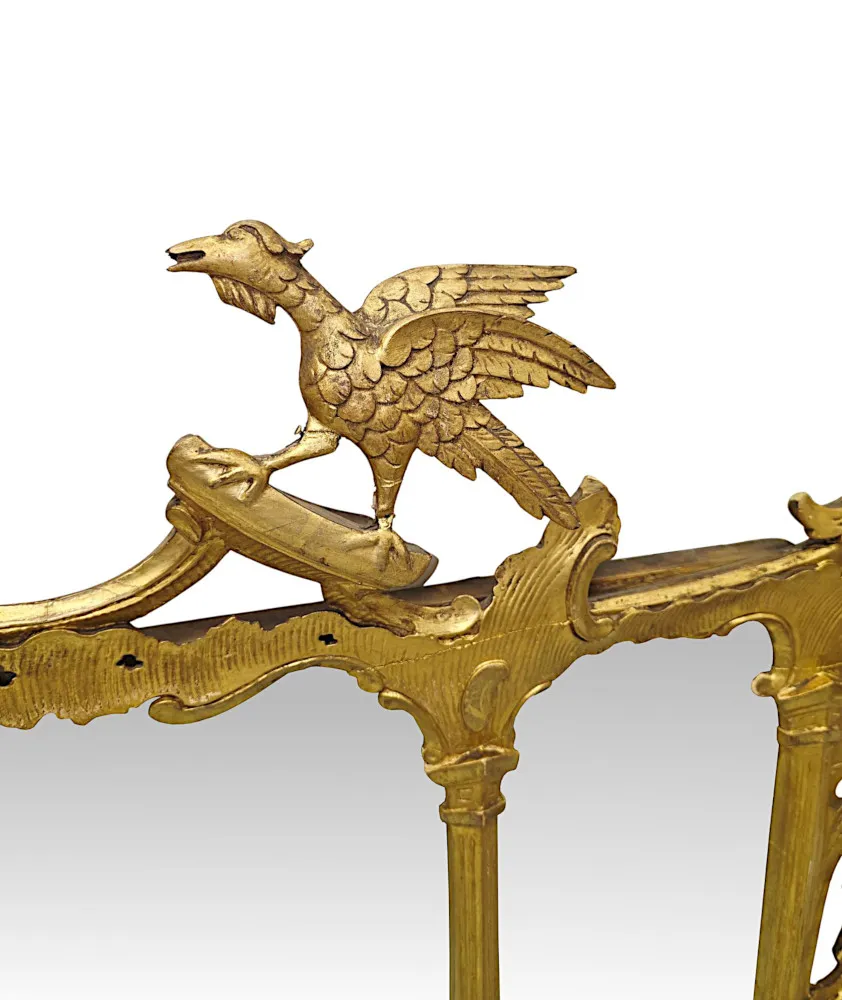  A Very Rare 19th Century Irish Tryptic Giltwood Overmantel Mirror with Ho Ho Bird and Squirrel Detail