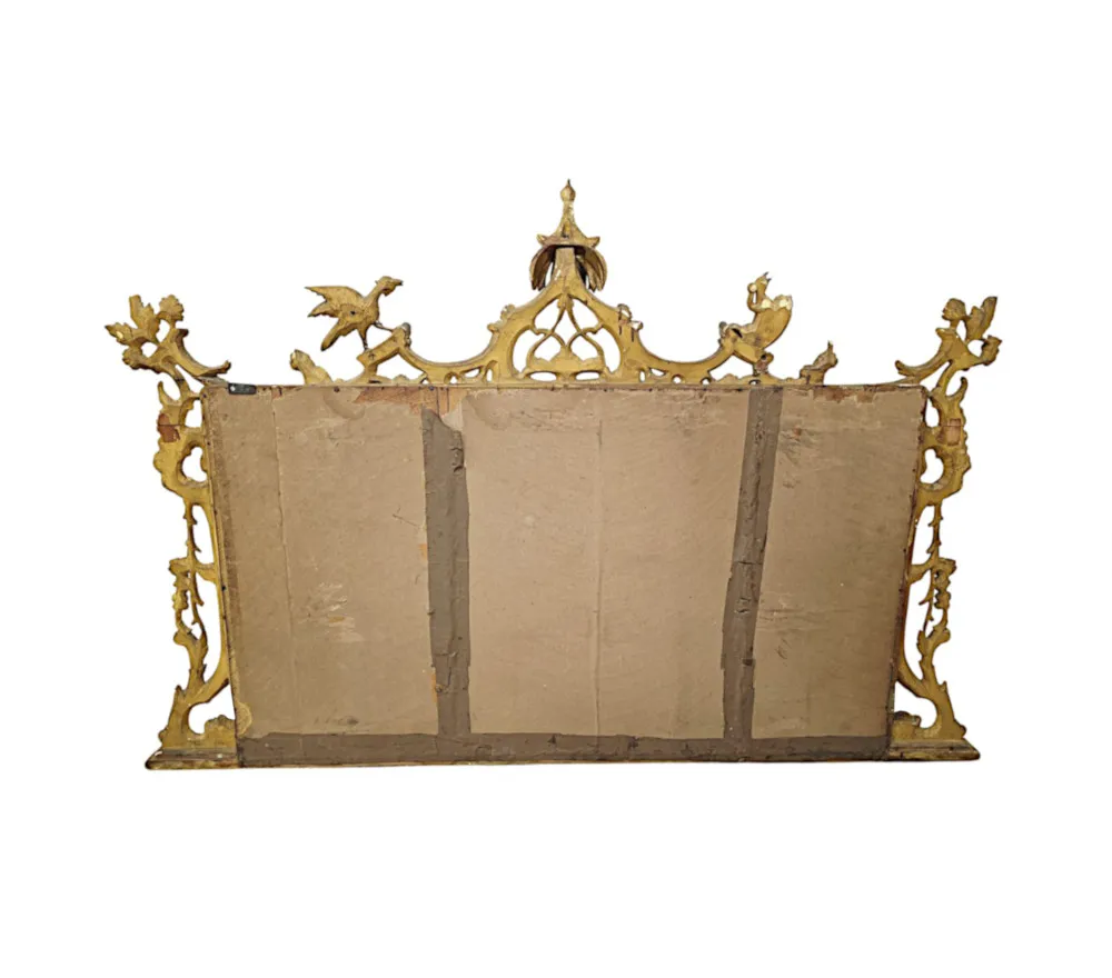  A Very Rare 19th Century Irish Tryptic Giltwood Overmantel Mirror with Ho Ho Bird and Squirrel Detail