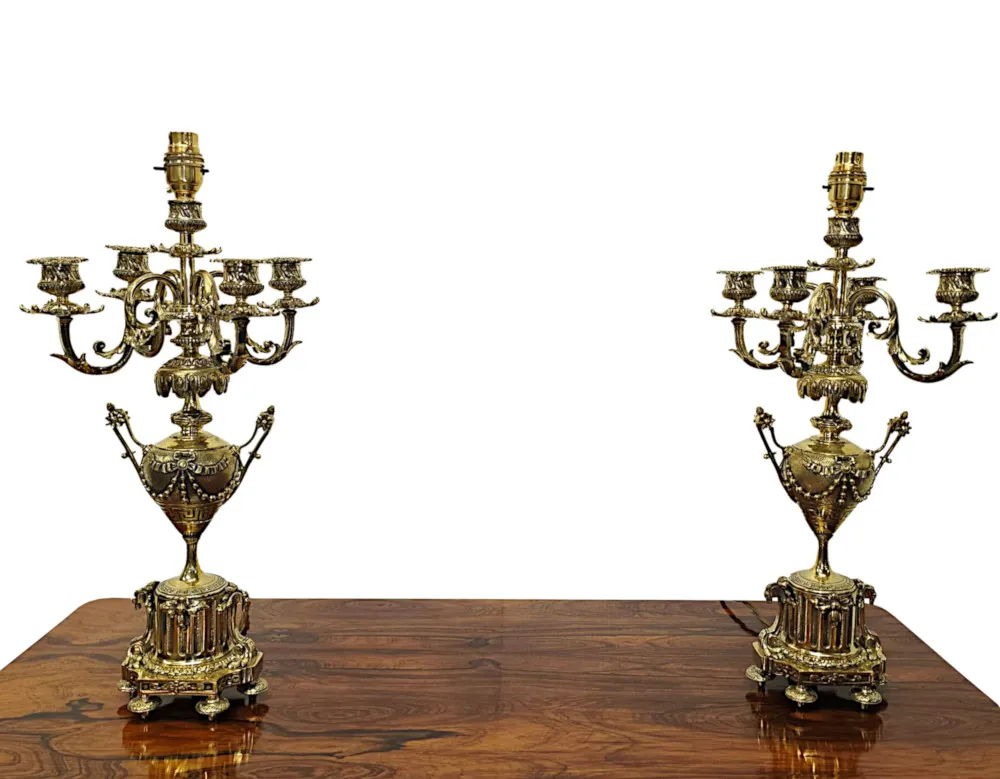 A Stunning Pair of 19th Century Brass Candelabra Converted To Table Lamps