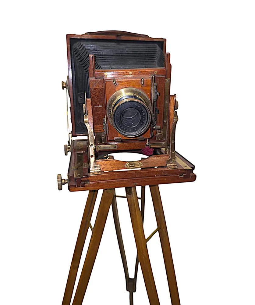 A Very Fine Circa 1900 Double Racked Focus Half plate Camera on Oak Tripod by Benetfink & Co, Cheapside, London